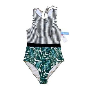 CUPSHE Striped Tropical One Piece Swimsuit Size L New With Tags